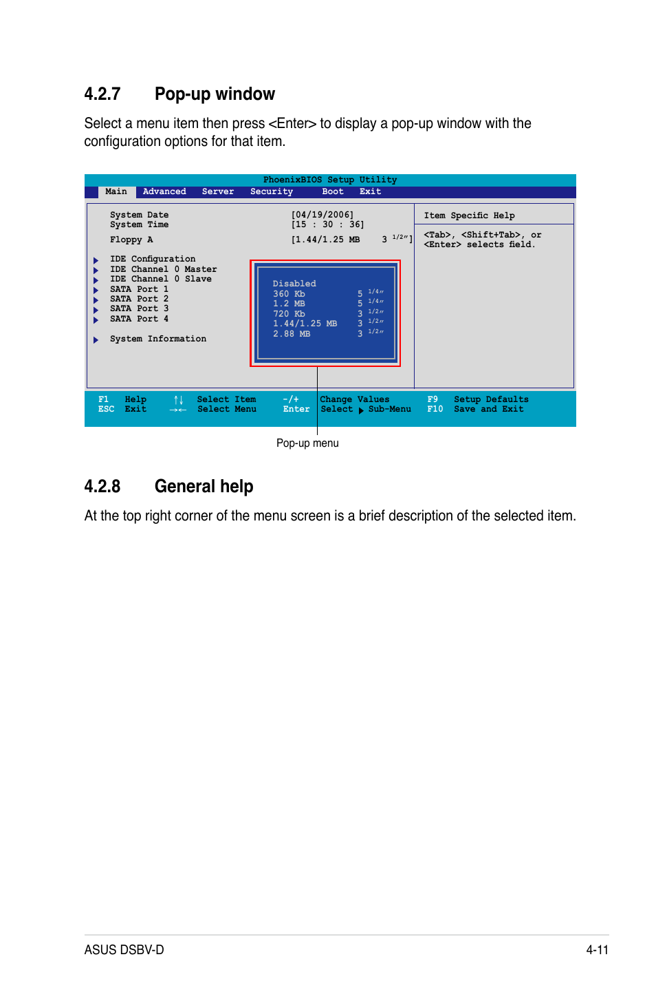 7 pop-up window, 8 general help, Asus dsbv-d 4-11 | Asus Motherboard DSBV-D User Manual | Page 79 / 182