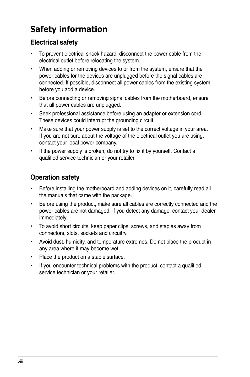 Safety information, Electrical safety, Operation safety | Asus Motherboard DSBV-D User Manual | Page 8 / 182