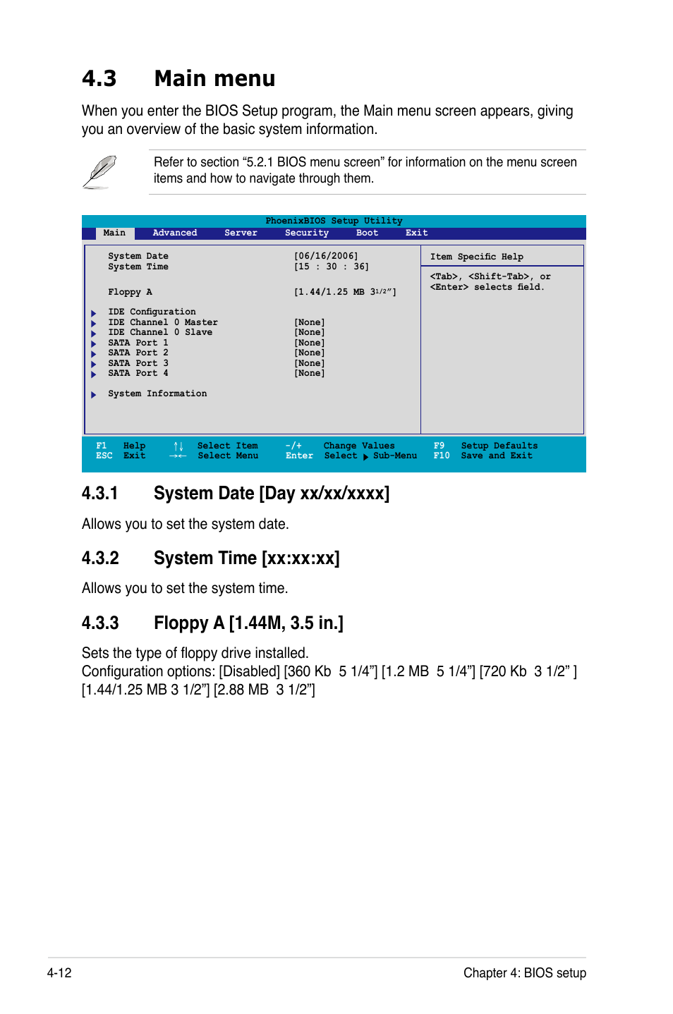 3 main menu, 2 system time [xx:xx:xx, Allows you to set the system date | Allows you to set the system time | Asus Motherboard DSBV-D User Manual | Page 80 / 182