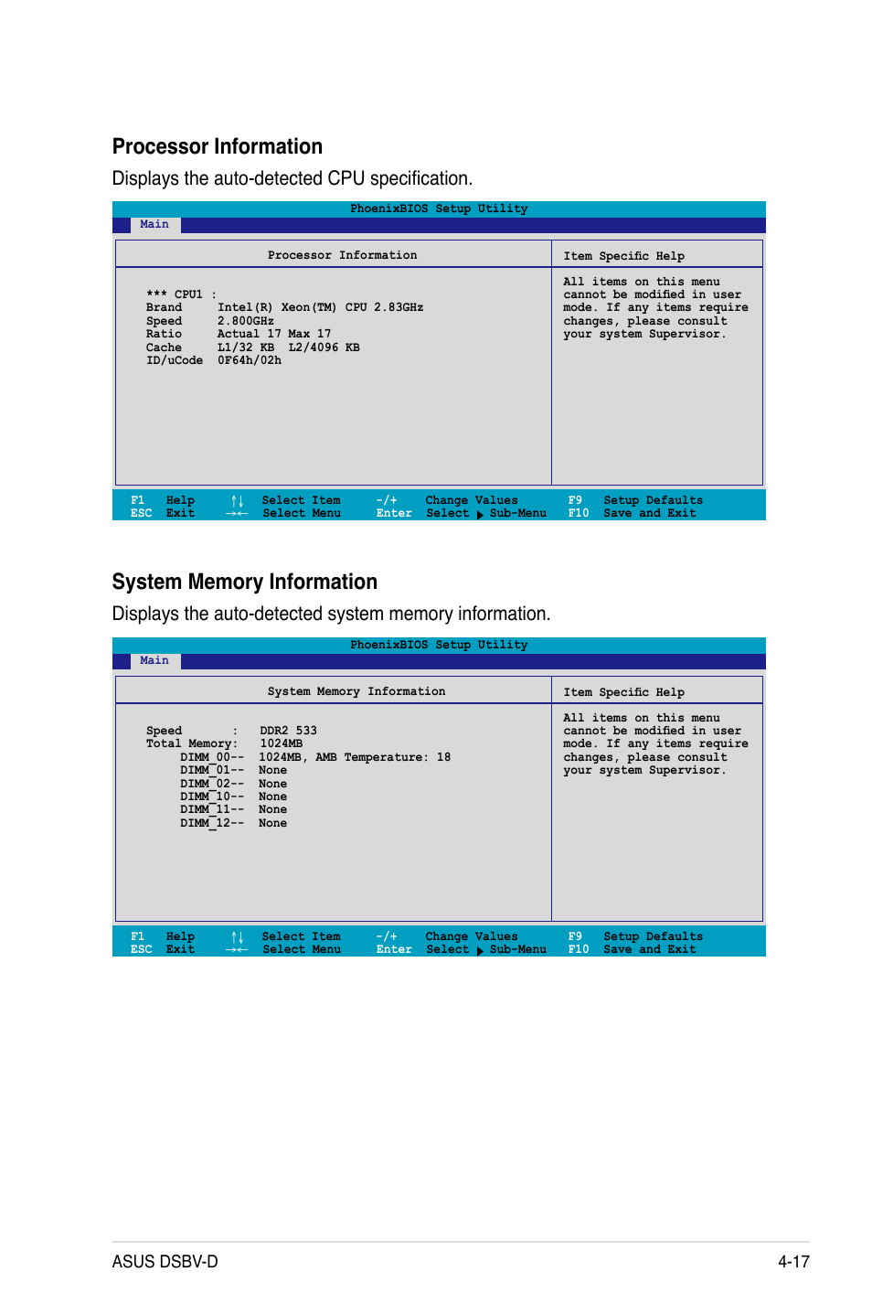 Processor information, Displays the auto-detected cpu specification, Asus dsbv-d 4-17 | Asus Motherboard DSBV-D User Manual | Page 85 / 182