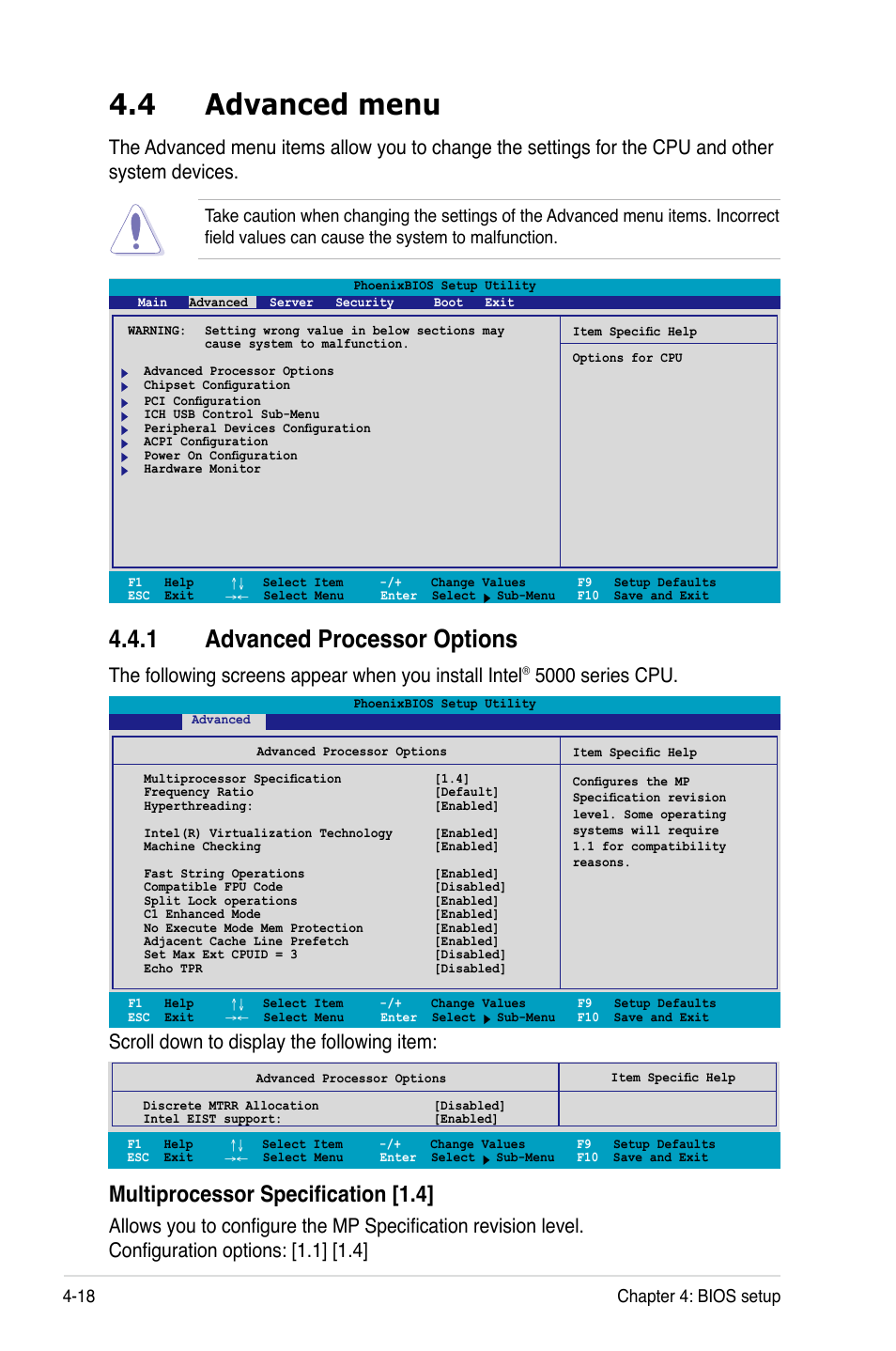 4 advanced menu, 1 advanced processor options, Multiprocessor specification [1.4 | Scroll down to display the following item, 5000 series cpu, 18 chapter 4: bios setup | Asus Motherboard DSBV-D User Manual | Page 86 / 182