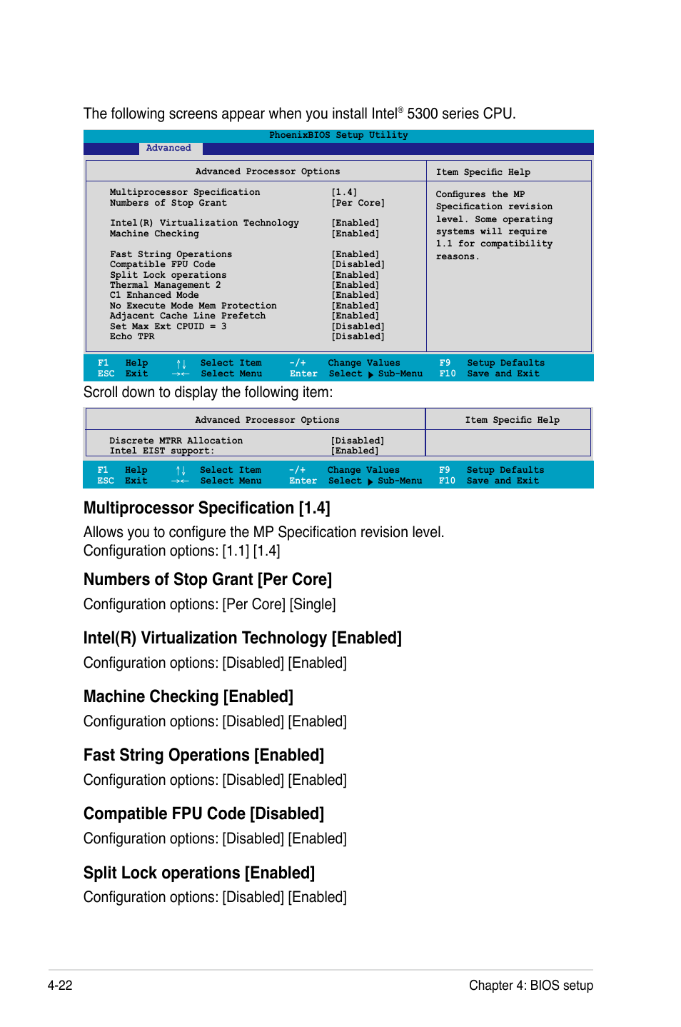 Multiprocessor specification [1.4, Numbers of stop grant [per core, Intel(r) virtualization technology [enabled | Machine checking [enabled, Fast string operations [enabled, Compatible fpu code [disabled, Split lock operations [enabled, Scroll down to display the following item, 5300 series cpu, Configuration options: [per core] [single | Asus Motherboard DSBV-D User Manual | Page 90 / 182