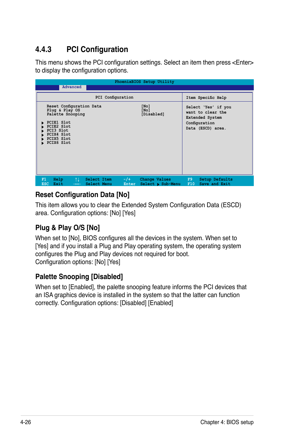 3 pci configuration, Reset configuration data [no, Plug & play o/s [no | Palette snooping [disabled | Asus Motherboard DSBV-D User Manual | Page 94 / 182