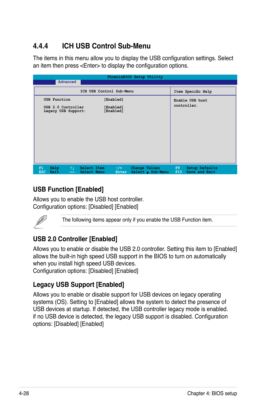 4 ich usb control sub-menu, Usb function [enabled, Usb 2.0 controller [enabled | Legacy usb support [enabled | Asus Motherboard DSBV-D User Manual | Page 96 / 182