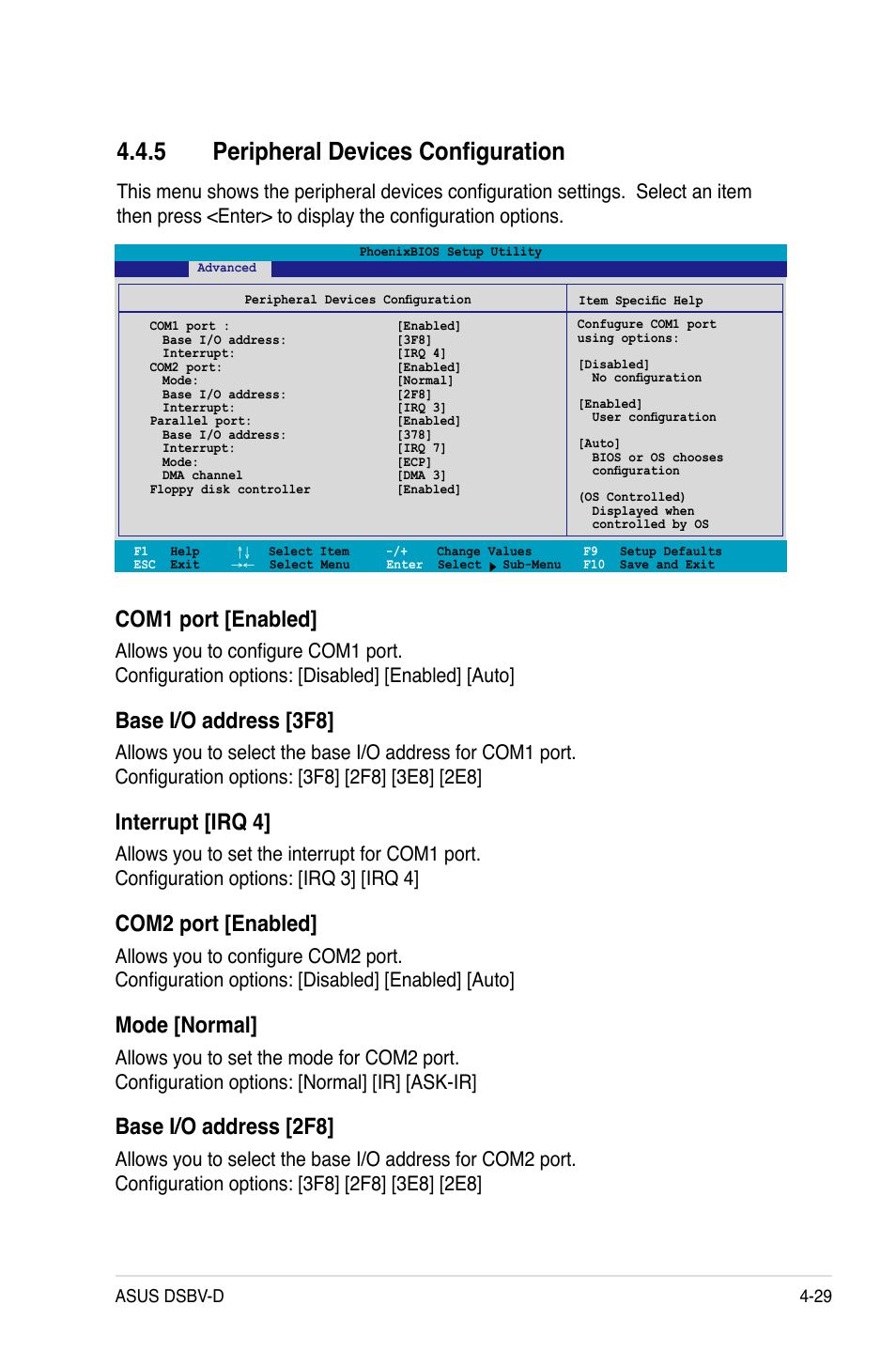 5 peripheral devices configuration, Com1 port [enabled, Base i/o address [3f8 | Interrupt [irq 4, Com2 port [enabled, Mode [normal, Base i/o address [2f8 | Asus Motherboard DSBV-D User Manual | Page 97 / 182