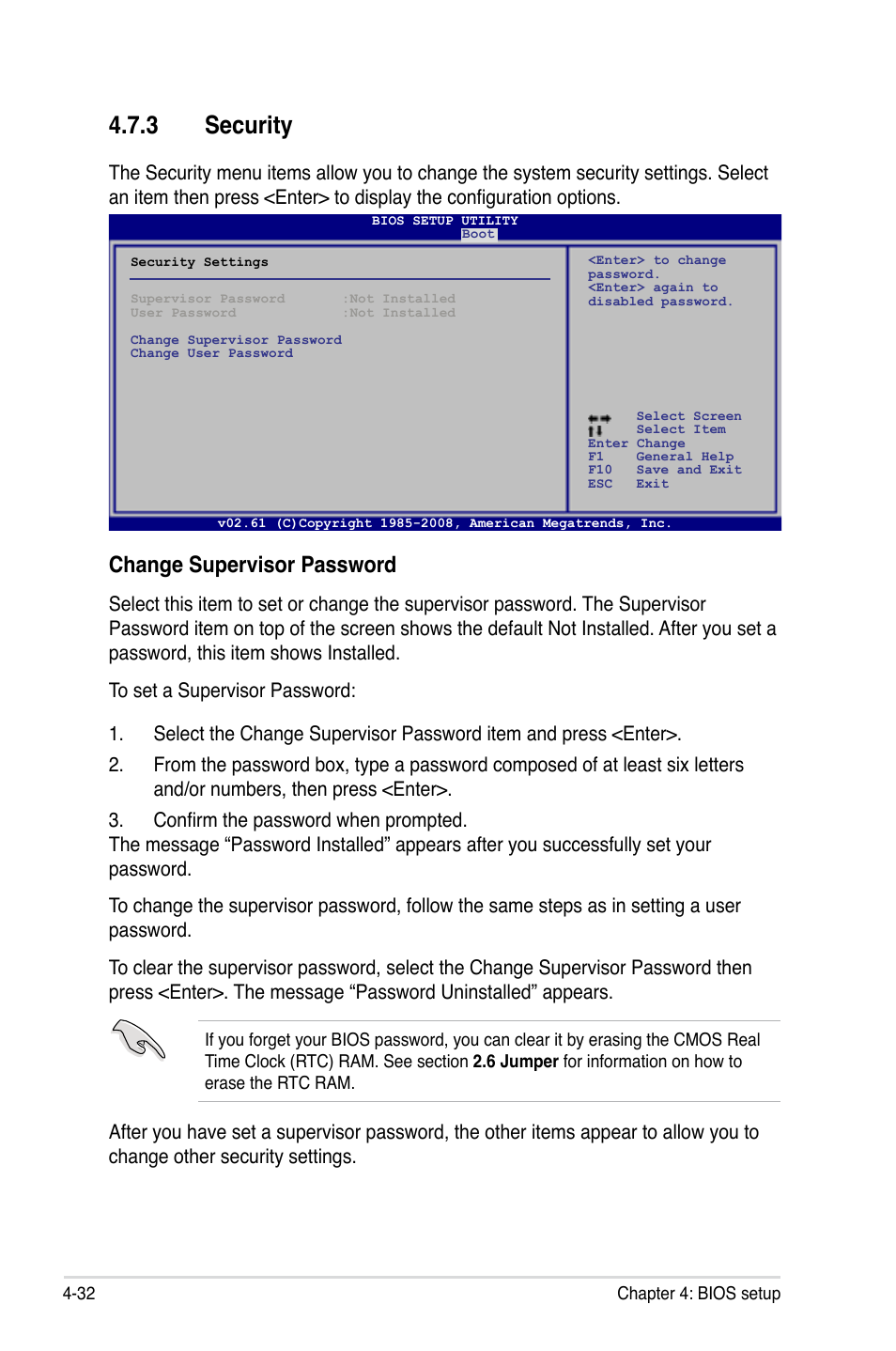 3 security, Security -32, Change supervisor password | Asus MOTHERBOARD P5N64 WS User Manual | Page 100 / 188