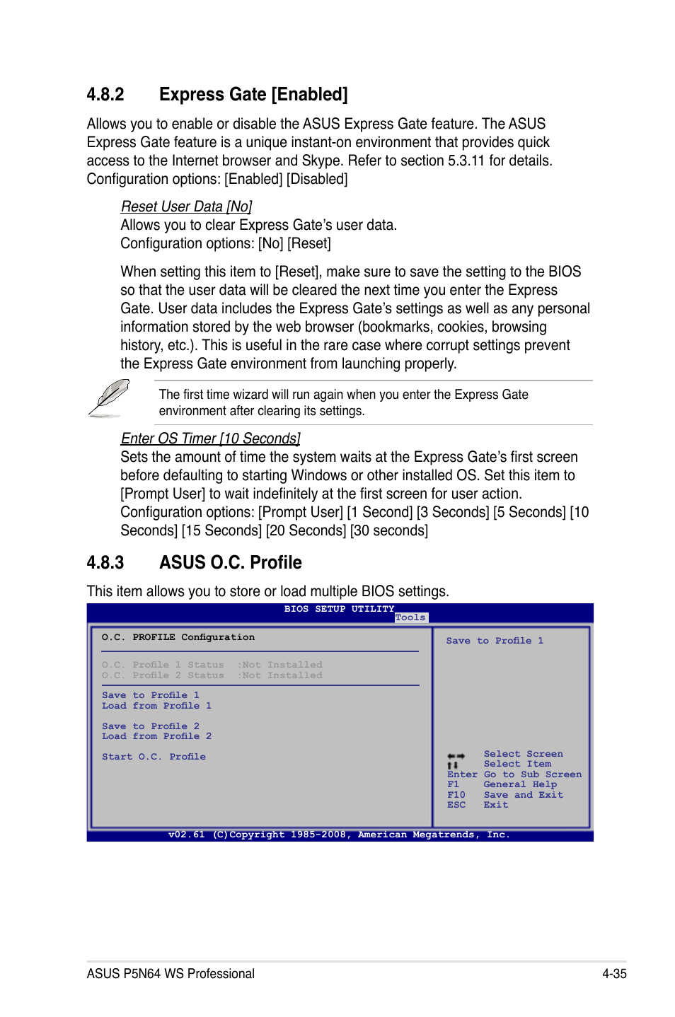 2 express gate [enabled, 3 asus o.c. profile, Express gate -35 | Asus o.c. profile -35 | Asus MOTHERBOARD P5N64 WS User Manual | Page 103 / 188
