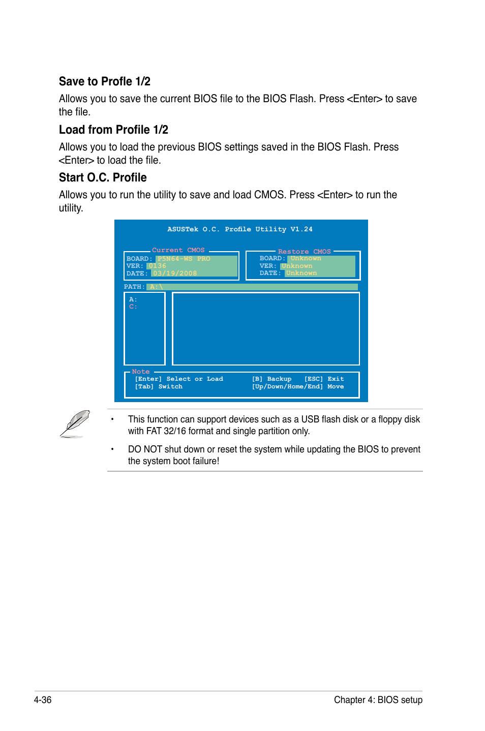 Save to profle 1/2, Load from profile 1/2, Start o.c. profile | Asus MOTHERBOARD P5N64 WS User Manual | Page 104 / 188
