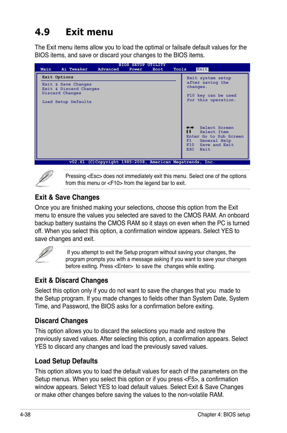 9 exit menu, Exit menu -38, Exit & save changes | Exit & discard changes, Discard changes, Load setup defaults | Asus MOTHERBOARD P5N64 WS User Manual | Page 106 / 188