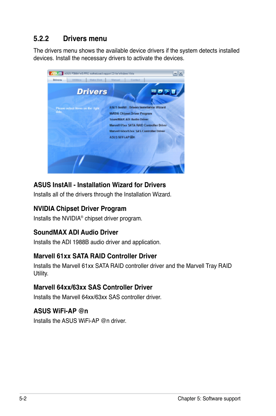 2 drivers menu, Drivers menu -2 | Asus MOTHERBOARD P5N64 WS User Manual | Page 110 / 188