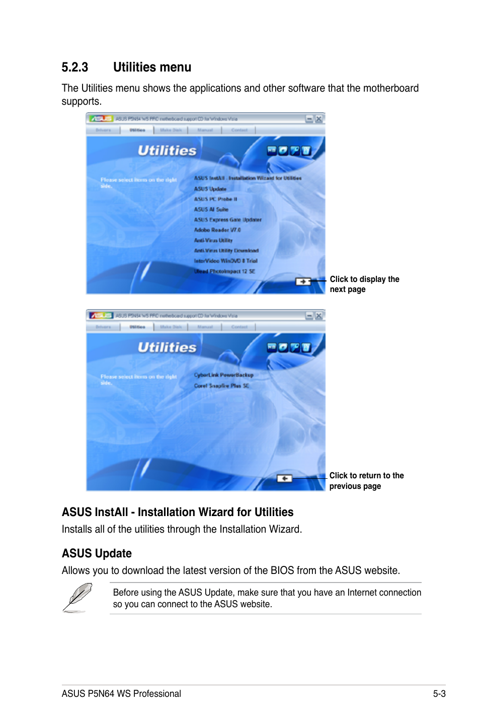 3 utilities menu, Utilities menu -3, Asus install - installation wizard for utilities | Asus update | Asus MOTHERBOARD P5N64 WS User Manual | Page 111 / 188