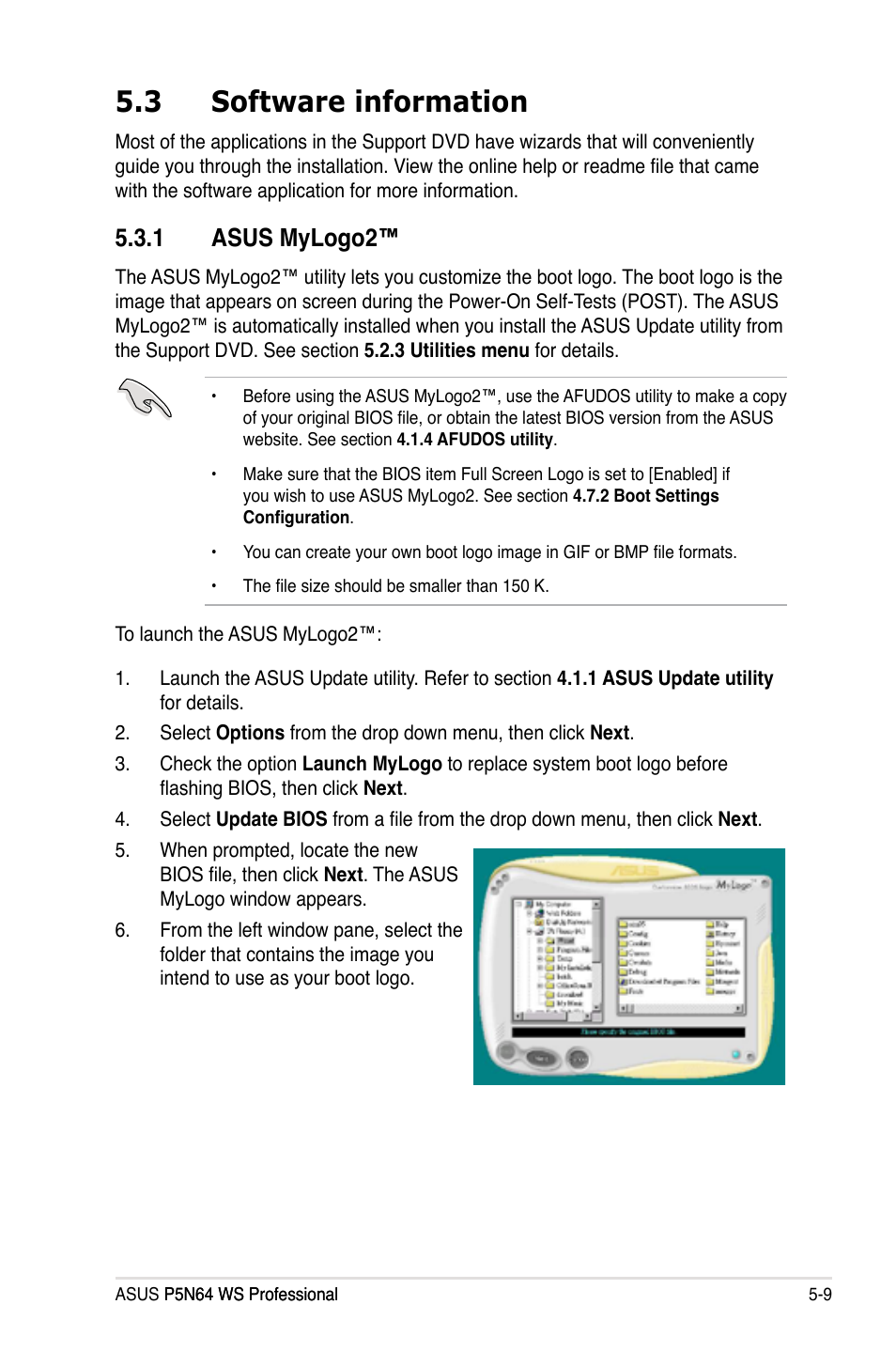 3 software information, 1 asus mylogo2, Software information -9 5.3.1 | Asus mylogo2™ -9 | Asus MOTHERBOARD P5N64 WS User Manual | Page 117 / 188