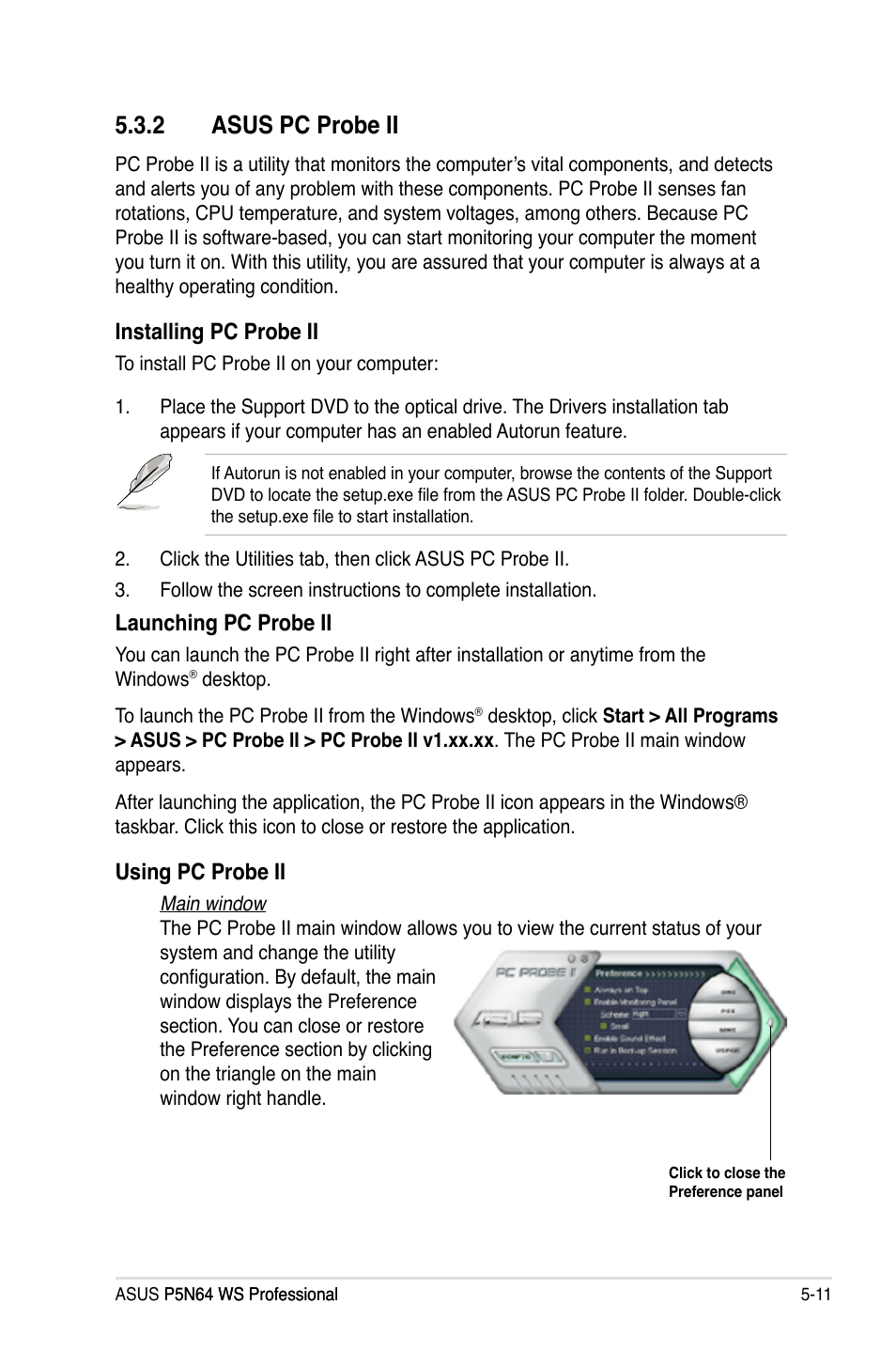 2 asus pc probe ii, Asus pc probe ii -11, Installing pc probe ii | Launching pc probe ii, Using pc probe ii | Asus MOTHERBOARD P5N64 WS User Manual | Page 119 / 188