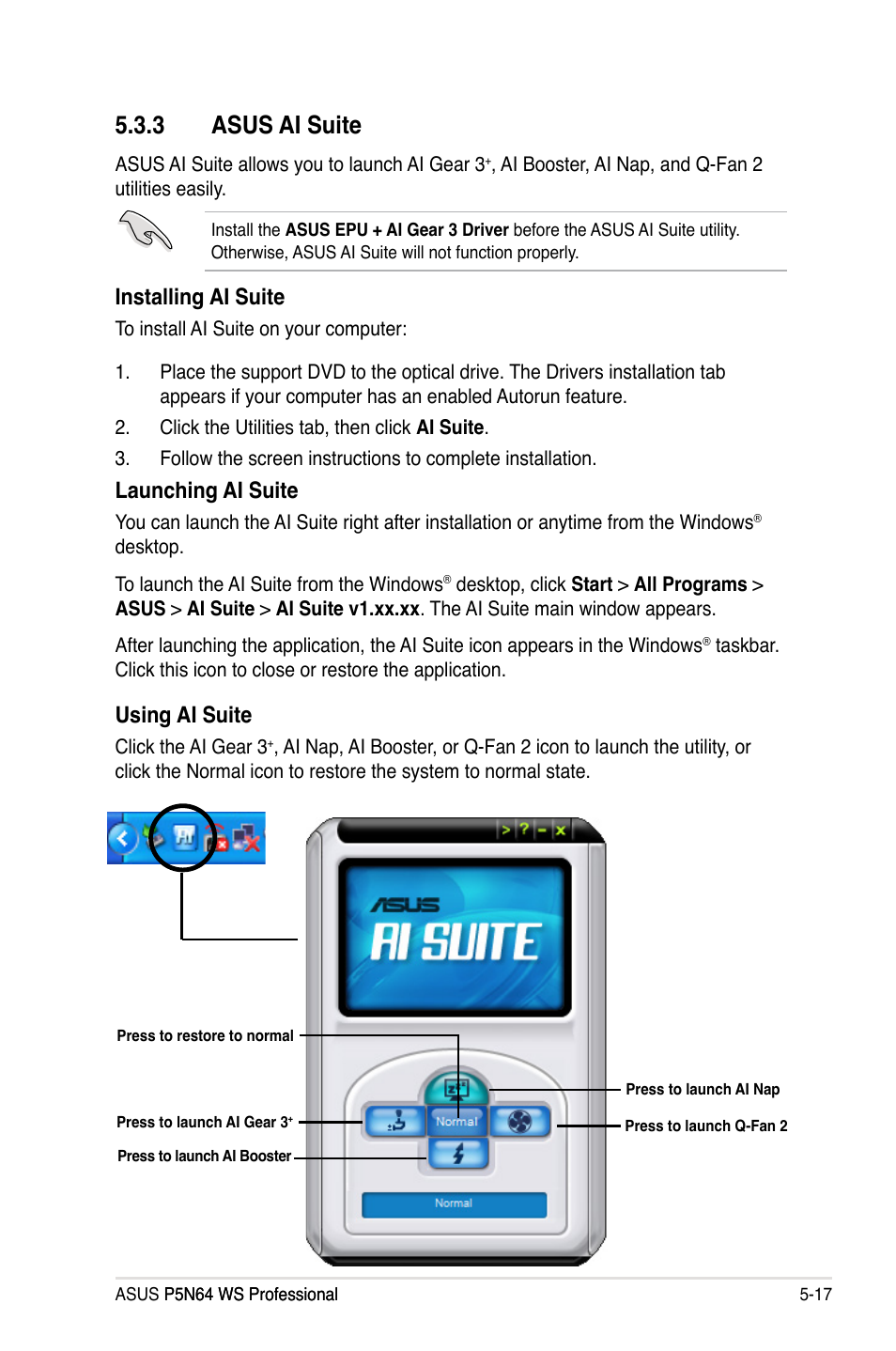 3 asus ai suite, 3 asus ai suite -17, Installing ai suite | Launching ai suite, Using ai suite | Asus MOTHERBOARD P5N64 WS User Manual | Page 125 / 188