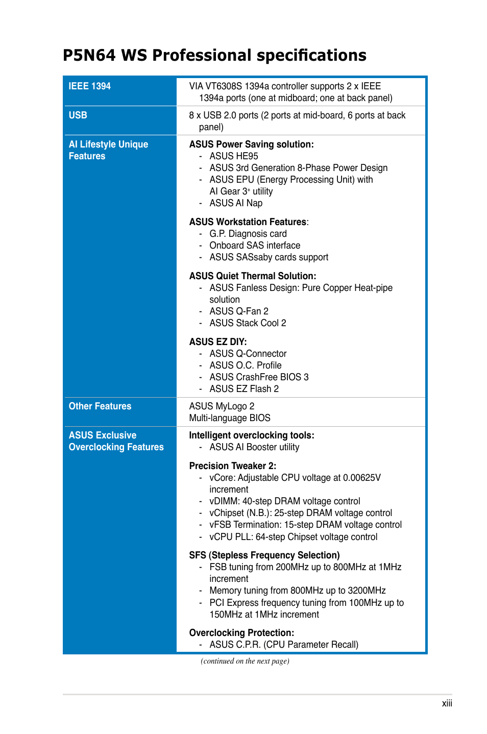 P5n64 ws professional specifications | Asus MOTHERBOARD P5N64 WS User Manual | Page 13 / 188