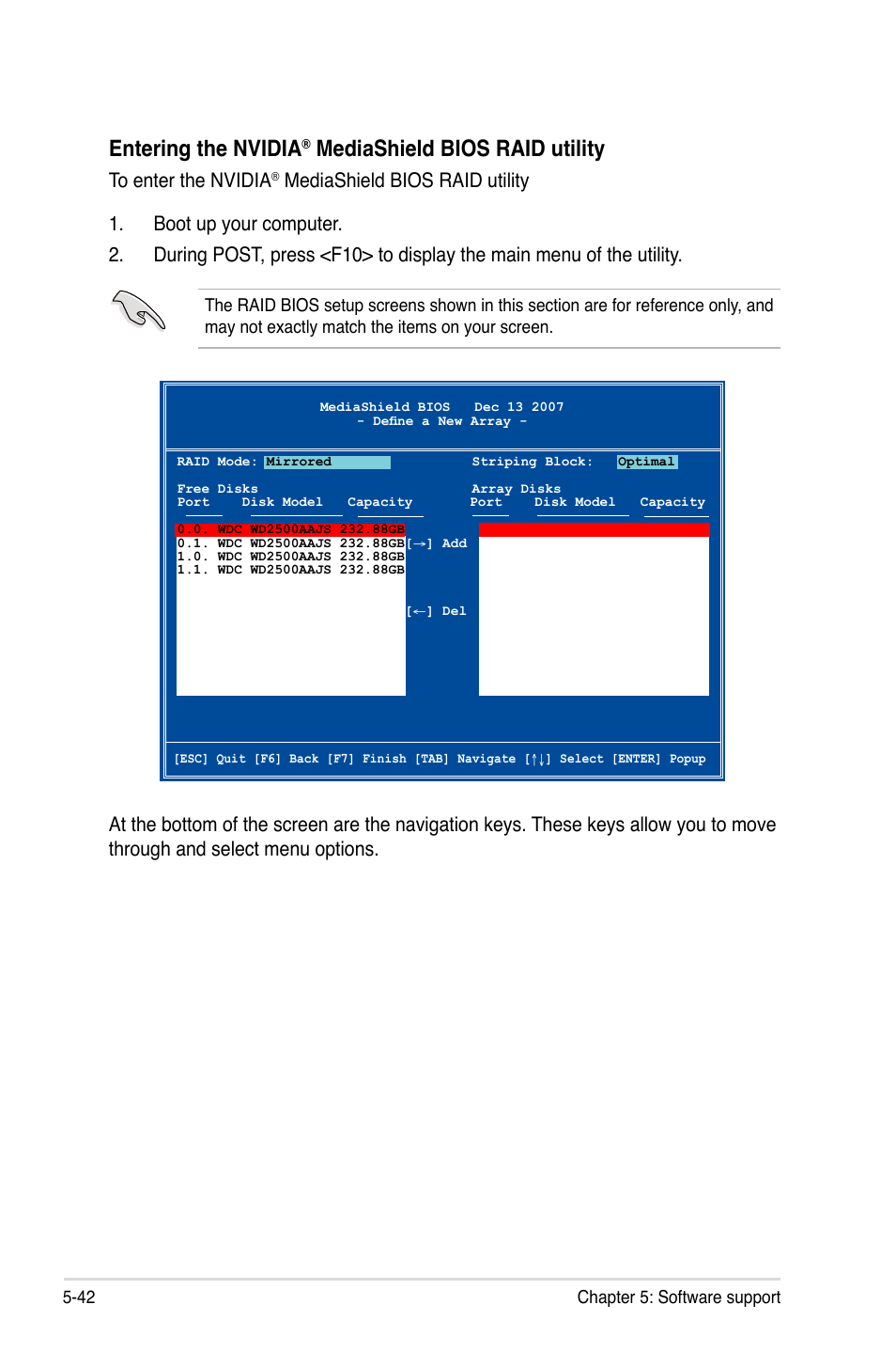 Entering the nvidia, Mediashield bios raid utility | Asus MOTHERBOARD P5N64 WS User Manual | Page 150 / 188