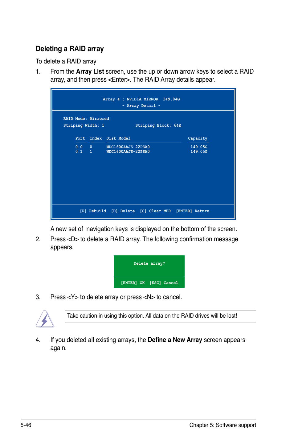 Deleting a raid array | Asus MOTHERBOARD P5N64 WS User Manual | Page 154 / 188