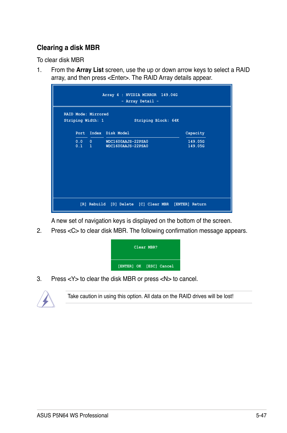 Clearing a disk mbr | Asus MOTHERBOARD P5N64 WS User Manual | Page 155 / 188