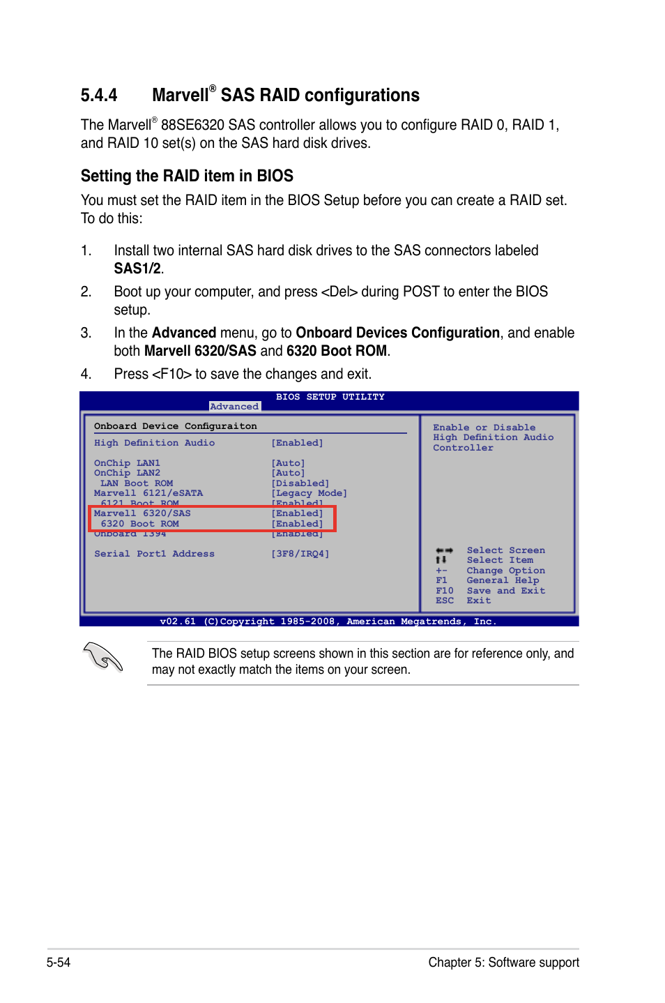 4 marvell® sas raid configurations, Marvell, Sas raid configurations -54 | 4 marvell, Sas raid configurations, Setting the raid item in bios, The marvell | Asus MOTHERBOARD P5N64 WS User Manual | Page 162 / 188