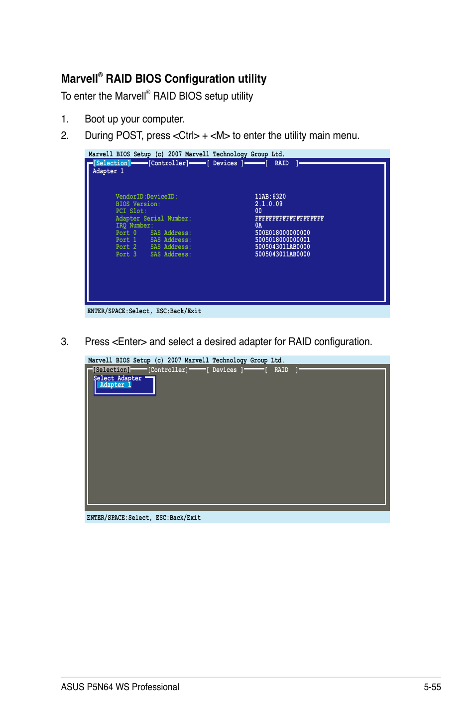 Marvell, Raid bios configuration utility | Asus MOTHERBOARD P5N64 WS User Manual | Page 163 / 188