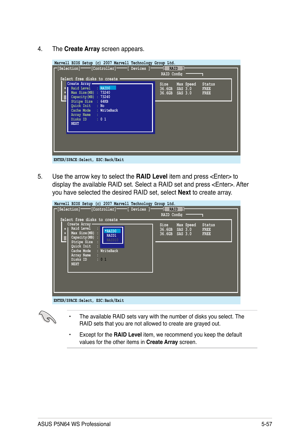 The create array screen appears | Asus MOTHERBOARD P5N64 WS User Manual | Page 165 / 188