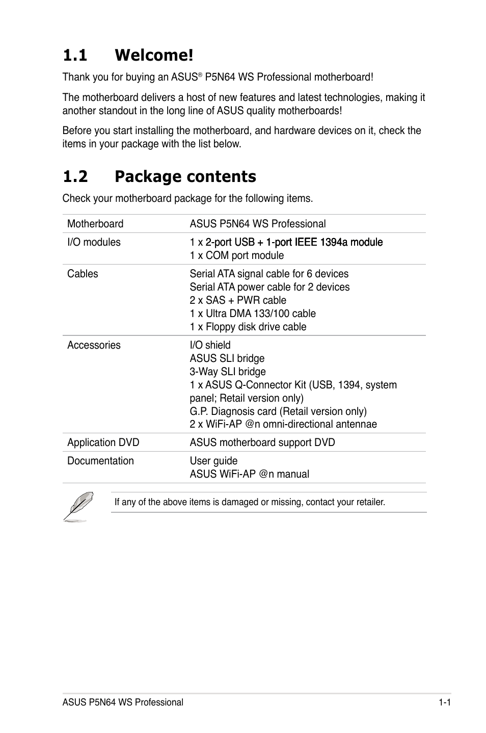 1 welcome, 2 package contents, Welcome! -1 | Package contents -1 | Asus MOTHERBOARD P5N64 WS User Manual | Page 17 / 188