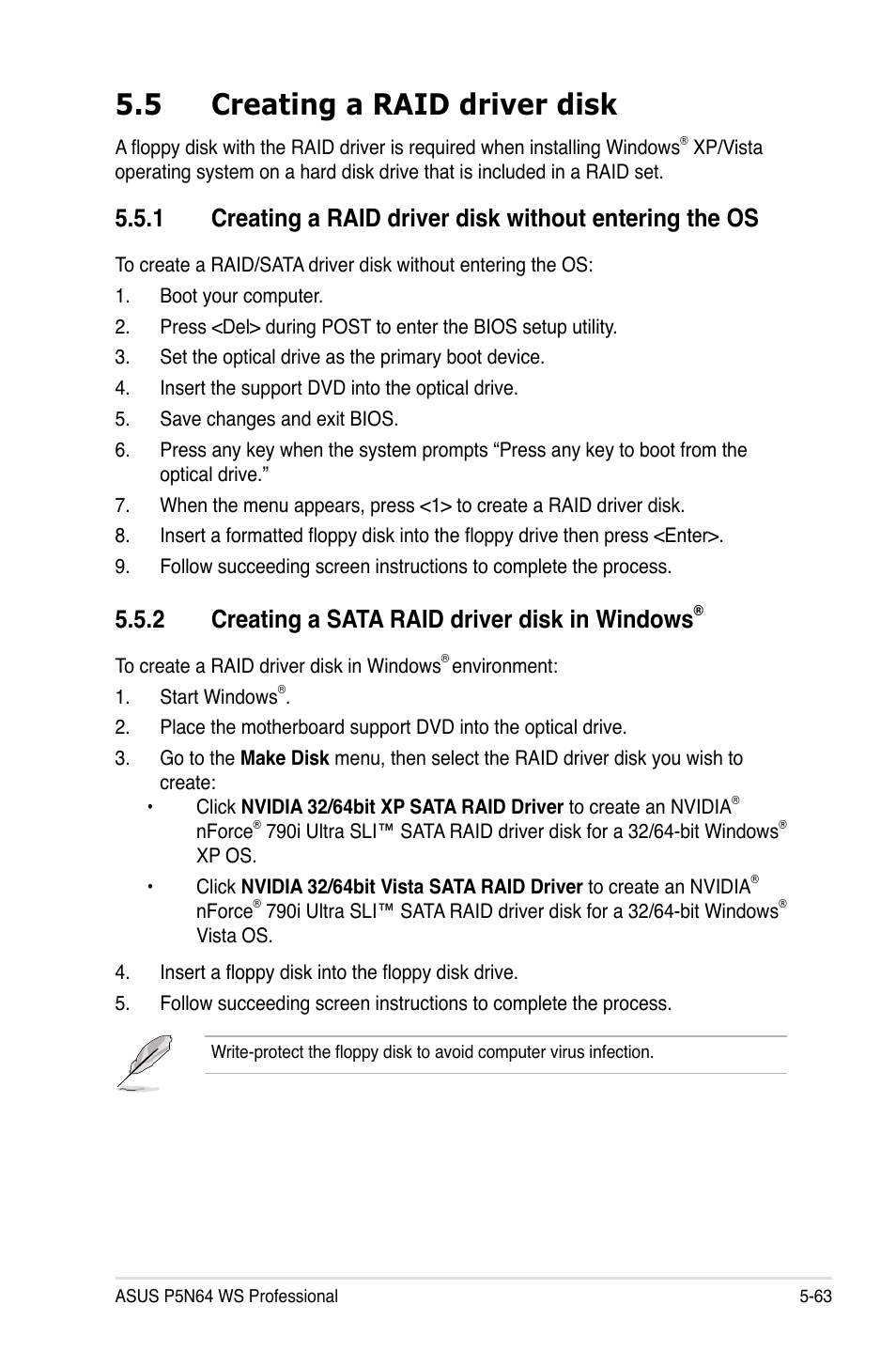 5 creating a raid driver disk, 2 creating a sata raid driver disk in windows, Creating a raid driver disk -63 5.5.1 | Creating a sata raid driver disk in windows | Asus MOTHERBOARD P5N64 WS User Manual | Page 171 / 188