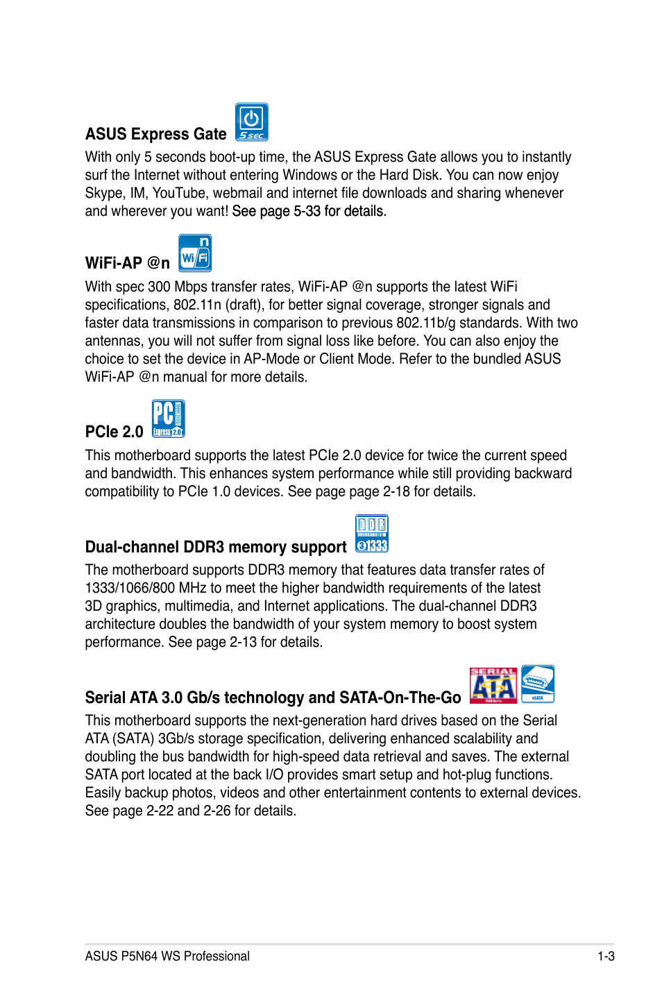 Asus MOTHERBOARD P5N64 WS User Manual | Page 19 / 188