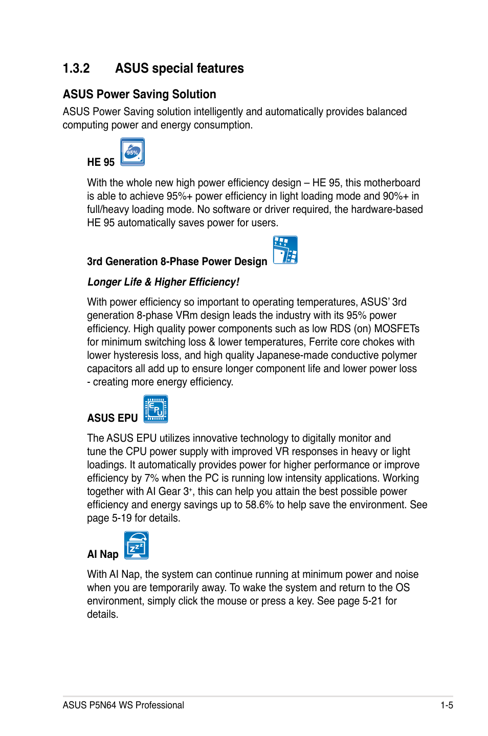 2 asus special features, Asus special features -5 | Asus MOTHERBOARD P5N64 WS User Manual | Page 21 / 188