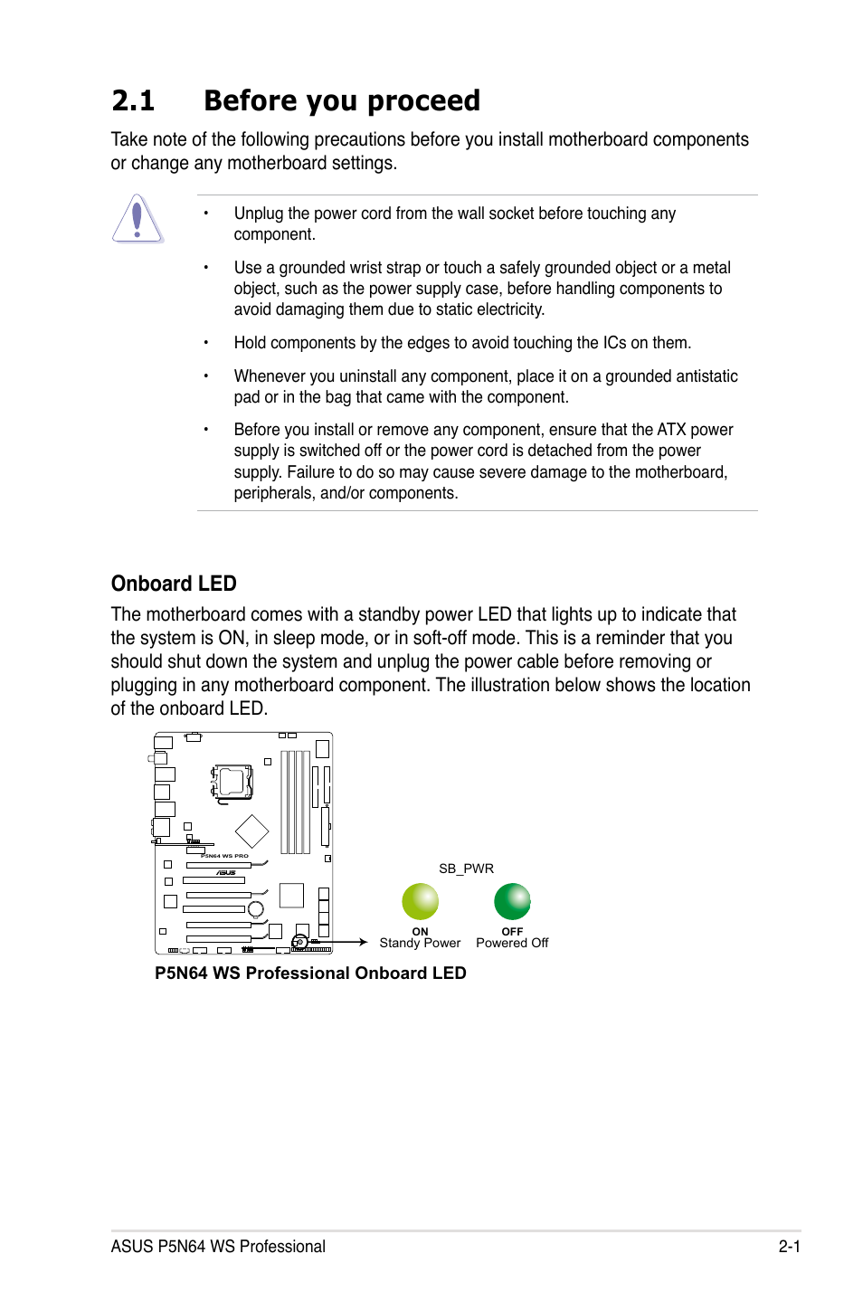 1 before you proceed, Before you proceed -1, Onboard led | Asus MOTHERBOARD P5N64 WS User Manual | Page 27 / 188