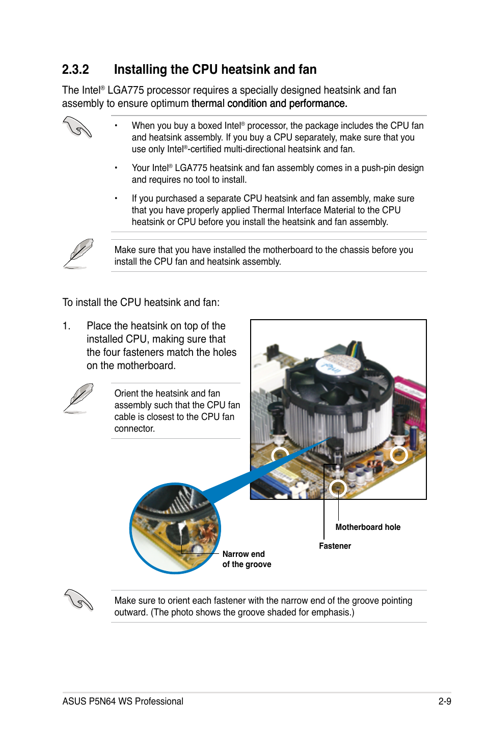 2 installing the cpu heatsink and fan, Installing the cpu heatsink and fan -9 | Asus MOTHERBOARD P5N64 WS User Manual | Page 35 / 188