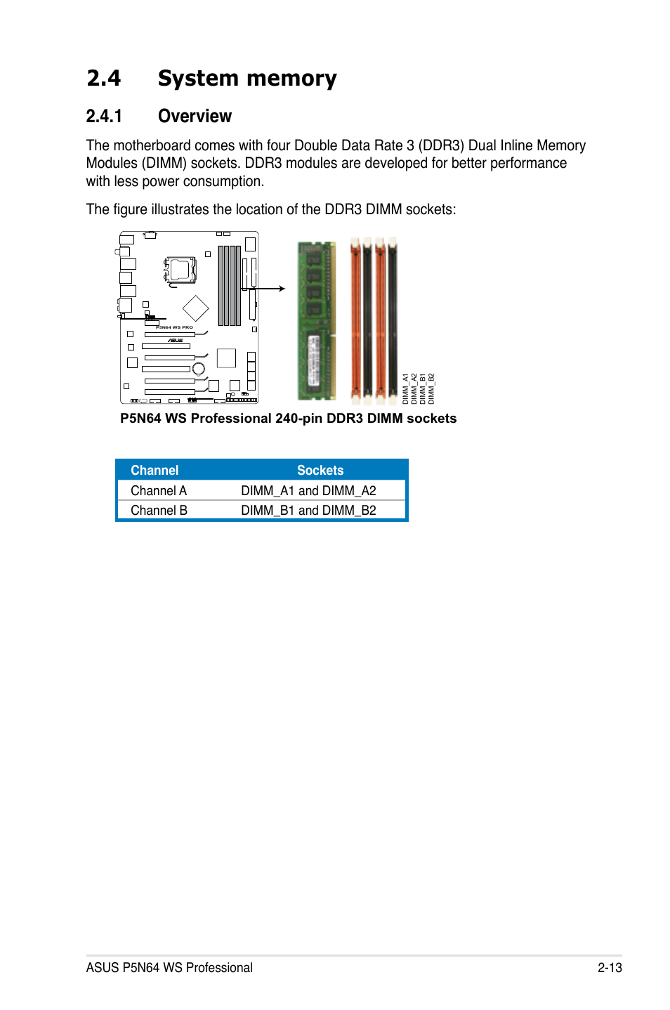 4 system memory, 1 overview, System memory -13 2.4.1 | Overview -13 | Asus MOTHERBOARD P5N64 WS User Manual | Page 39 / 188