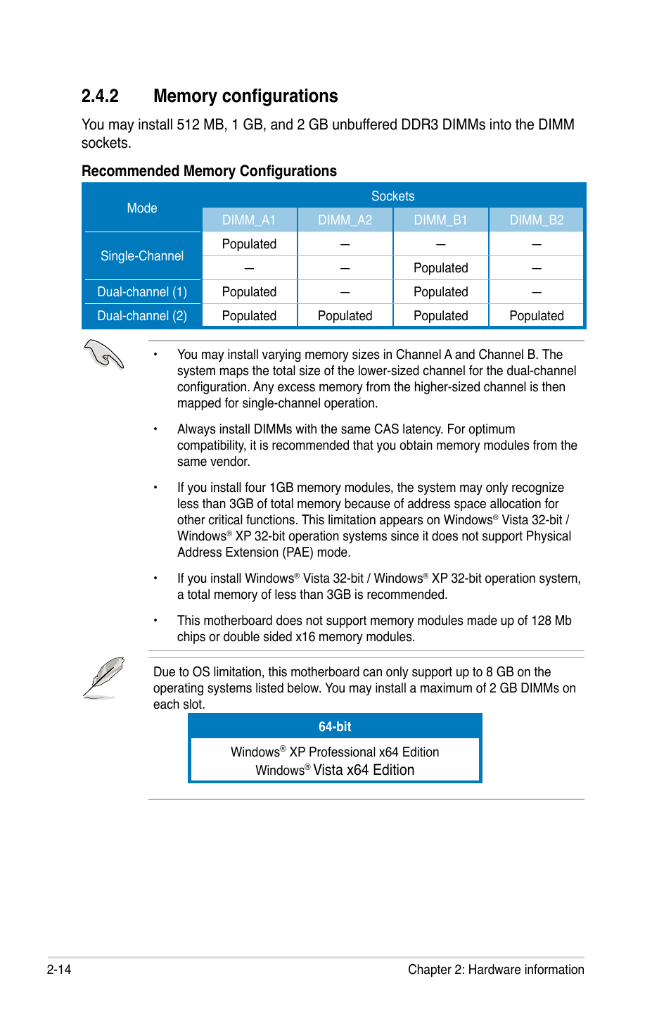 2 memory configurations, Memory configurations -14 | Asus MOTHERBOARD P5N64 WS User Manual | Page 40 / 188