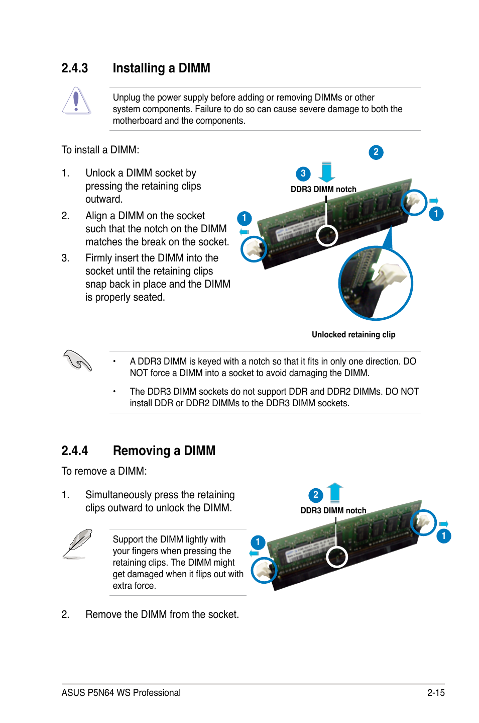 3 installing a dimm, 4 removing a dimm, Installing a dimm -15 | Removing a dimm -15 | Asus MOTHERBOARD P5N64 WS User Manual | Page 41 / 188