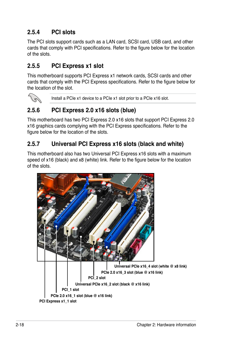 4 pci slots, 5 pci express x1 slot, 6 pci express 2.0 x16 slots (blue) | Pci slots -18, Pci express x1 slot -18, Pci express 2.0 x16 slots (blue) -18 | Asus MOTHERBOARD P5N64 WS User Manual | Page 44 / 188
