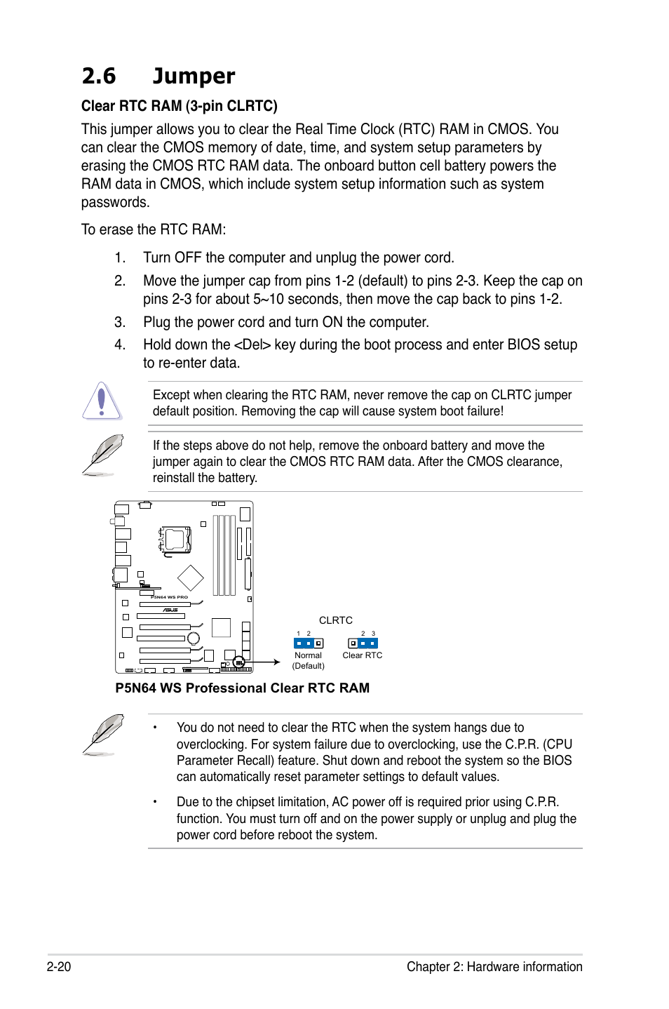 6 jumper, Jumper -20 | Asus MOTHERBOARD P5N64 WS User Manual | Page 46 / 188