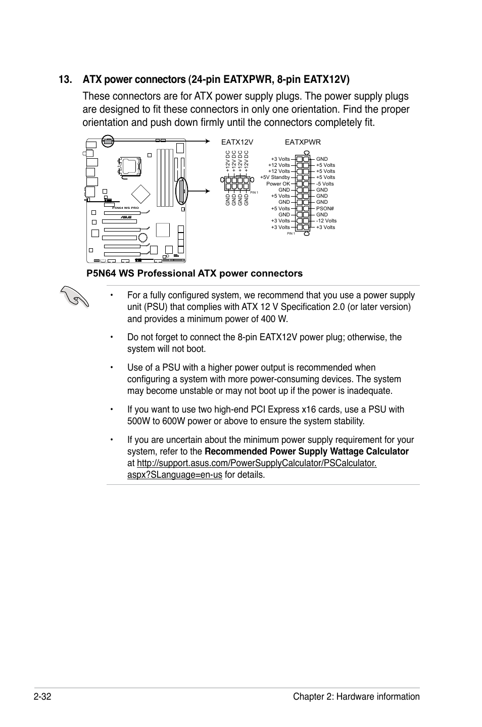 P5n64 ws professional atx power connectors | Asus MOTHERBOARD P5N64 WS User Manual | Page 58 / 188