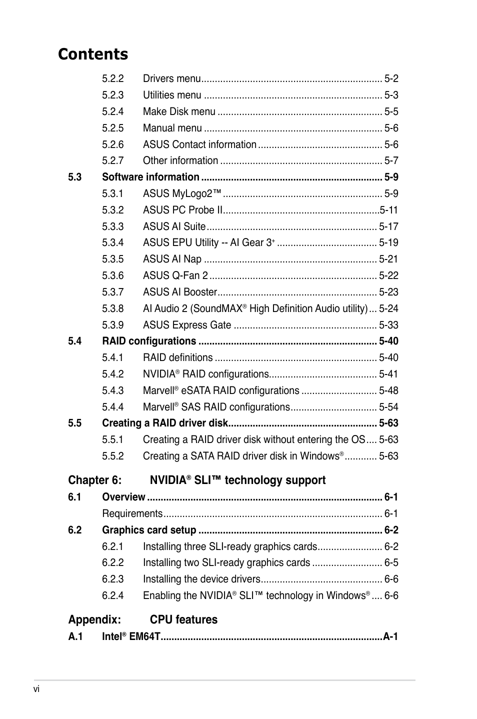 Asus MOTHERBOARD P5N64 WS User Manual | Page 6 / 188