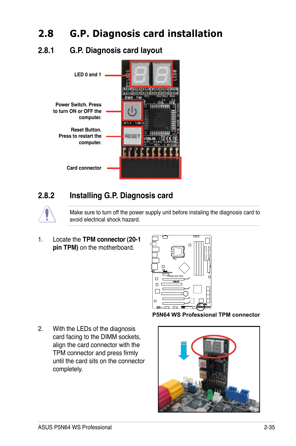 8 g.p. diagnosis card installation, 1 g.p. diagnosis card layout, 2 installing g.p. diagnosis card | G.p. diagnosis card installation -35 2.8.1, G.p. diagnosis card layout -35, Installing g.p. diagnosis card -35 | Asus MOTHERBOARD P5N64 WS User Manual | Page 61 / 188