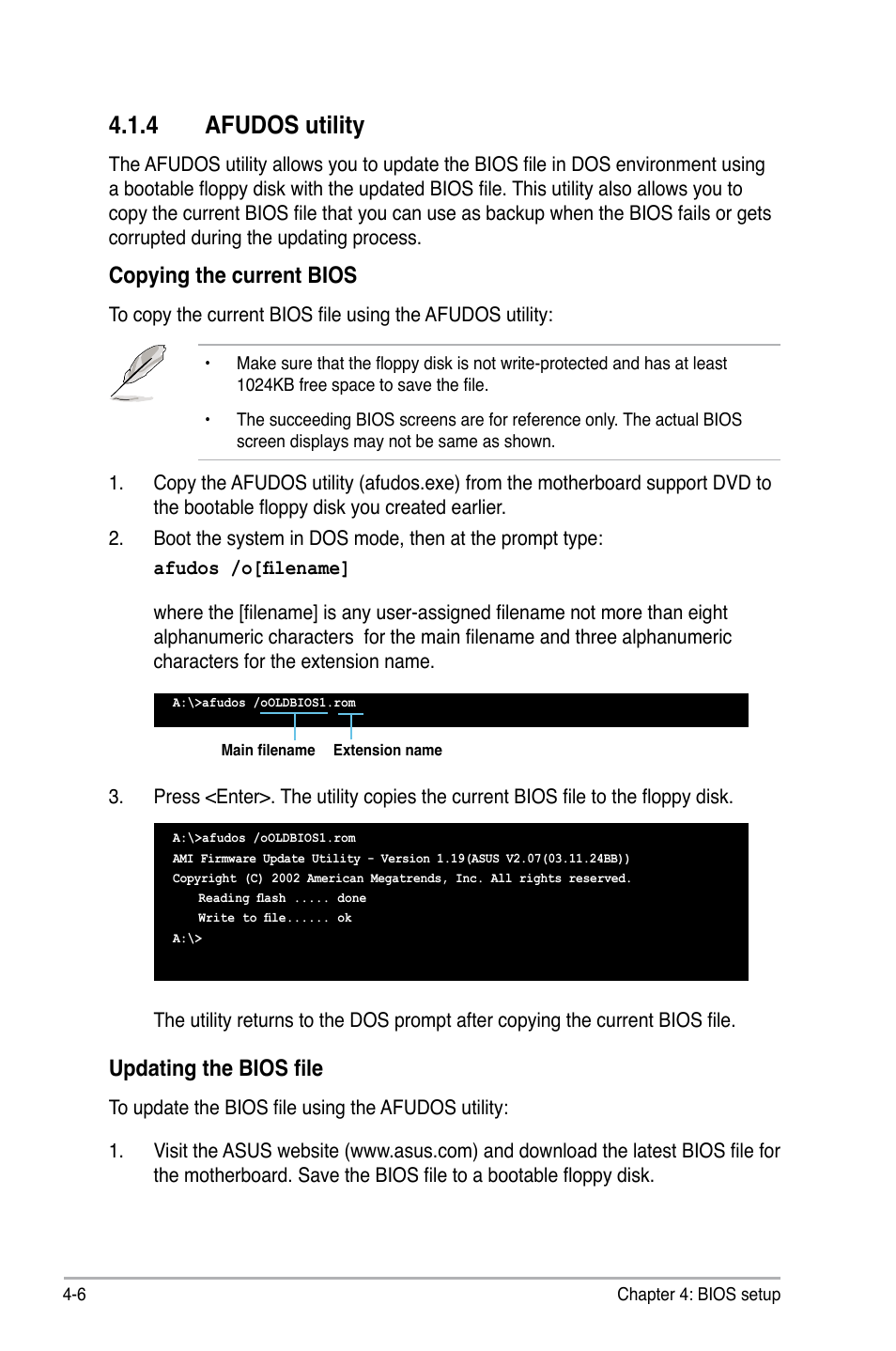 4 afudos utility, Afudos utility -6, Copying the current bios | Updating the bios file | Asus MOTHERBOARD P5N64 WS User Manual | Page 74 / 188