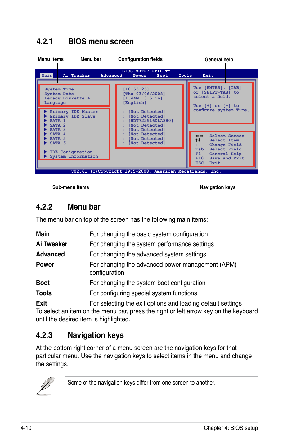 1 bios menu screen, 2 menu bar, 3 navigation keys | Bios menu screen -10, Menu bar -10, Navigation keys -10 | Asus MOTHERBOARD P5N64 WS User Manual | Page 78 / 188