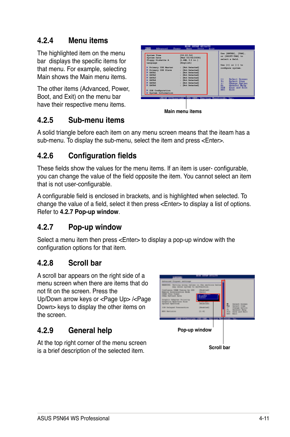 4 menu items, 5 sub-menu items, 6 configuration fields | 7 pop-up window, 8 scroll bar, 9 general help, Menu items -11, Sub-menu items -11, Configuration fields -11, Pop-up window -11 | Asus MOTHERBOARD P5N64 WS User Manual | Page 79 / 188