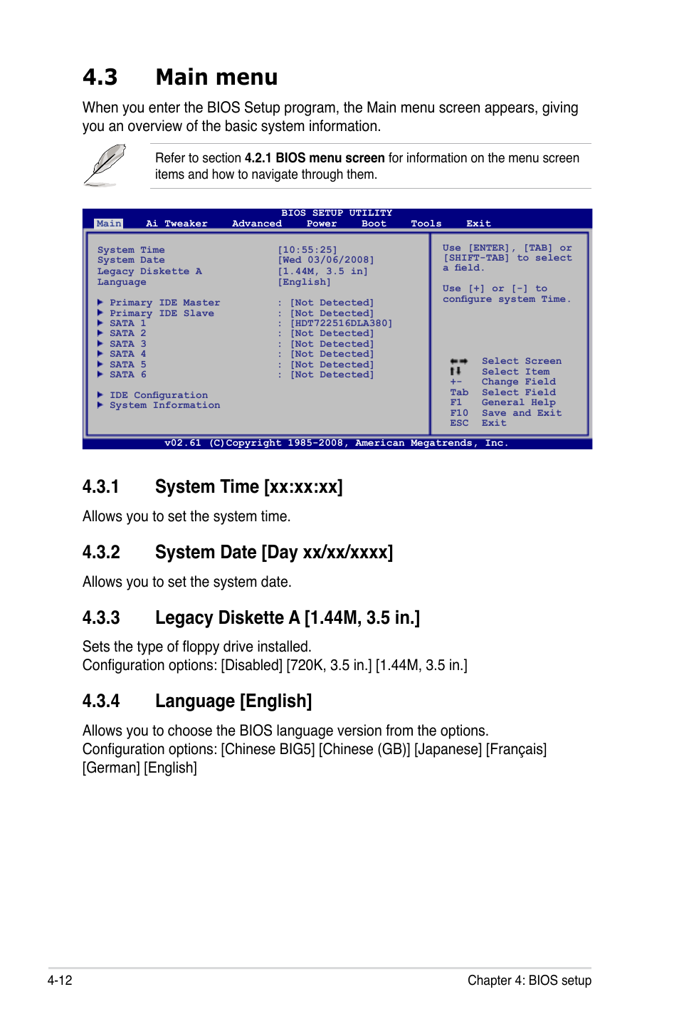 3 main menu, 1 system time [xx:xx:xx, 2 system date [day xx/xx/xxxx | 3 legacy diskette a [1.44m, 3.5 in, 4 language [english, Main menu -12 4.3.1, System time -12, System date -12, Legacy diskette a -12, Language -12 | Asus MOTHERBOARD P5N64 WS User Manual | Page 80 / 188