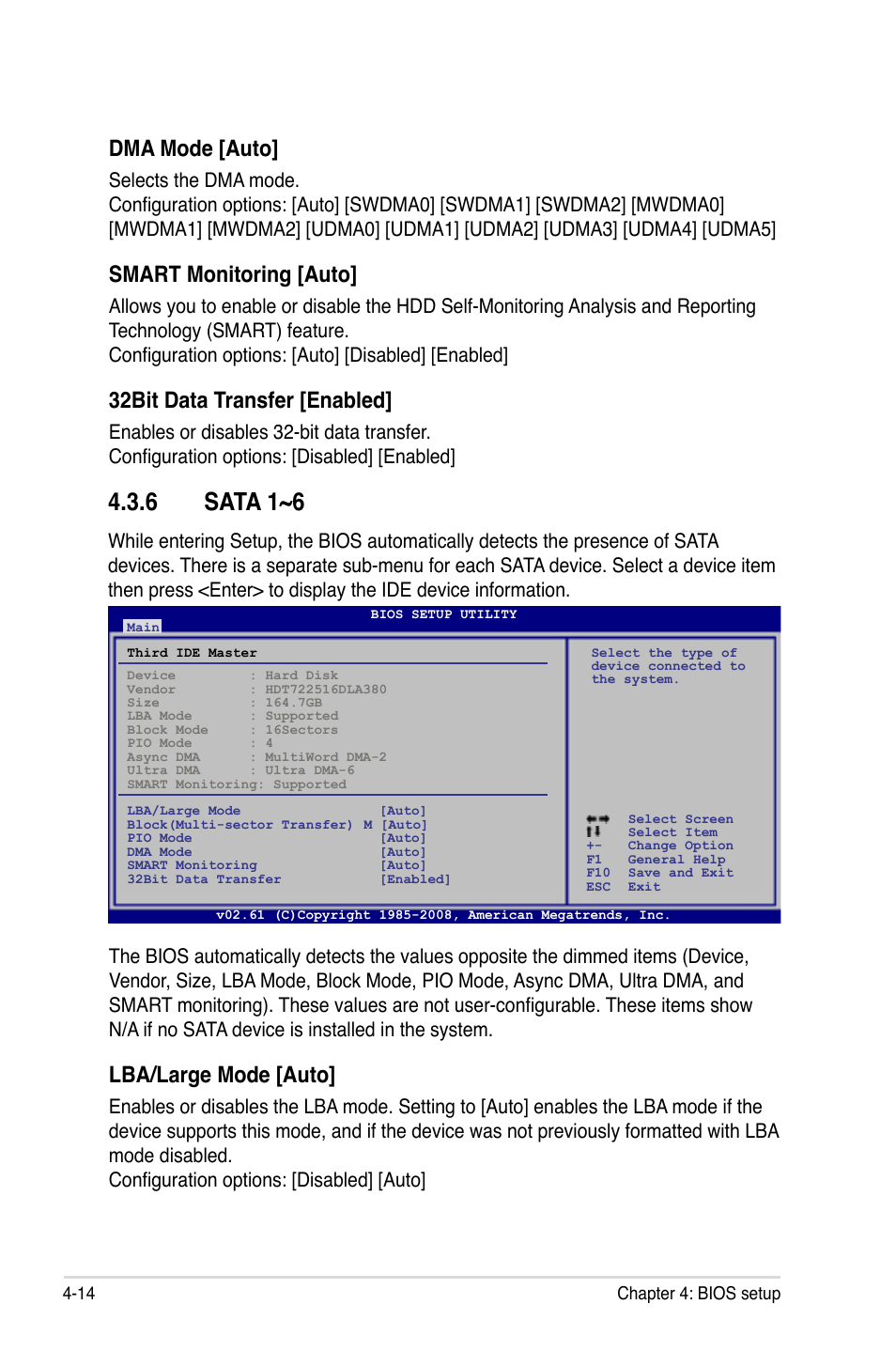 6 sata 1~6, Sata 1~6 -14, Lba/large mode [auto | Dma mode [auto, Smart monitoring [auto, 32bit data transfer [enabled | Asus MOTHERBOARD P5N64 WS User Manual | Page 82 / 188