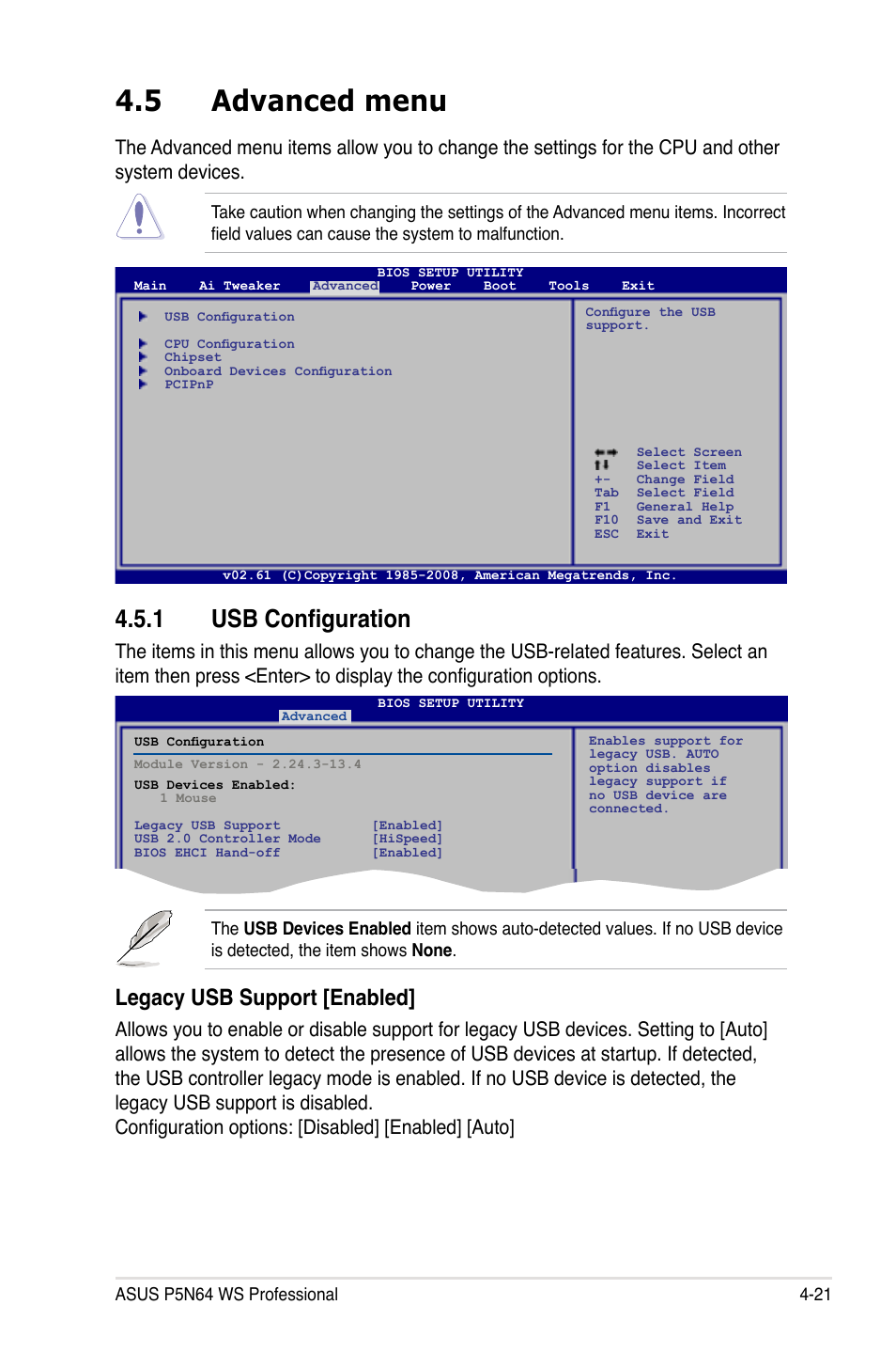 5 advanced menu, 1 usb configuration, Advanced menu -21 4.5.1 | Usb configuration -21, Legacy usb support [enabled | Asus MOTHERBOARD P5N64 WS User Manual | Page 89 / 188