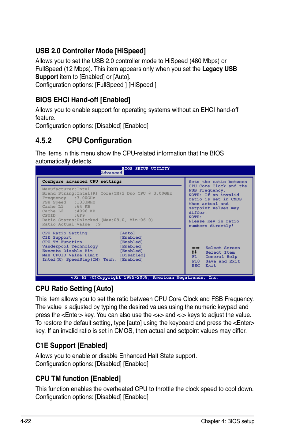 2 cpu configuration, Cpu configuration -22, Usb 2.0 controller mode [hispeed | Bios ehci hand-off [enabled, Cpu ratio setting [auto, C1e support [enabled, Cpu tm function [enabled | Asus MOTHERBOARD P5N64 WS User Manual | Page 90 / 188