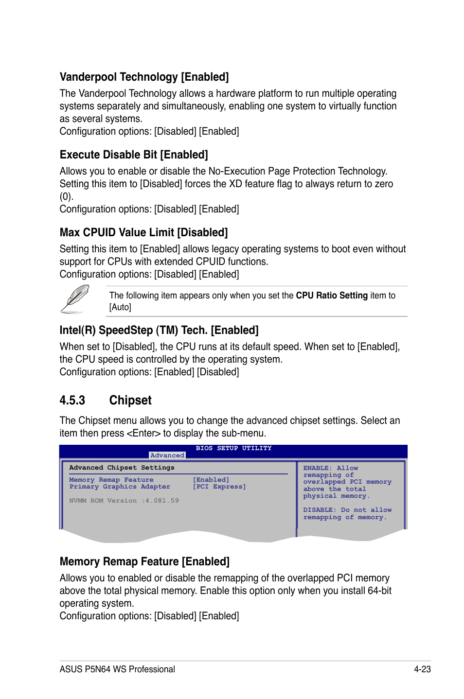 3 chipset, Chipset -23, Vanderpool technology [enabled | Execute disable bit [enabled, Max cpuid value limit [disabled, Intel(r) speedstep (tm) tech. [enabled | Asus MOTHERBOARD P5N64 WS User Manual | Page 91 / 188