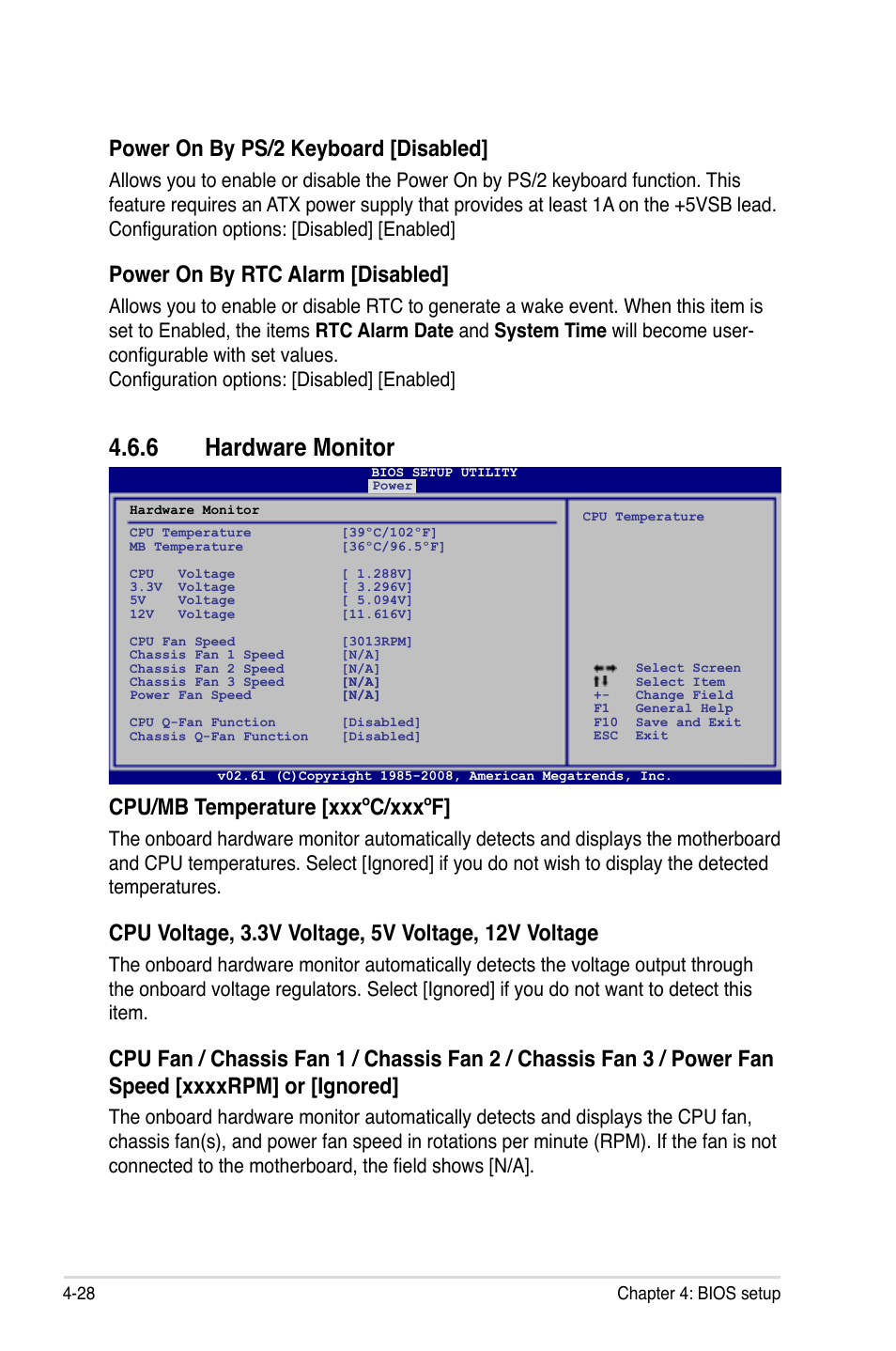 6 hardware monitor, Hardware monitor -28, Power on by ps/2 keyboard [disabled | Power on by rtc alarm [disabled, Cpu/mb temperature [xxxºc/xxxºf | Asus MOTHERBOARD P5N64 WS User Manual | Page 96 / 188