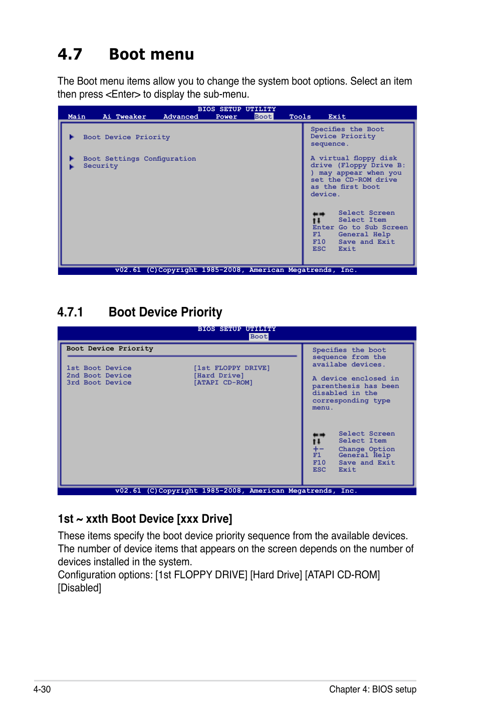 7 boot menu, 1 boot device priority, Boot menu -30 4.7.1 | Boot device priority -30, 1st ~ xxth boot device [xxx drive | Asus MOTHERBOARD P5N64 WS User Manual | Page 98 / 188