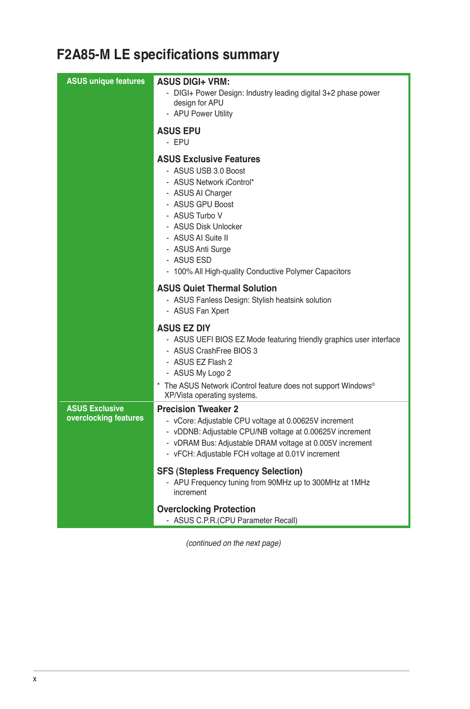 F2a85-m le specifications summary | Asus F2A85-M LE User Manual | Page 10 / 78